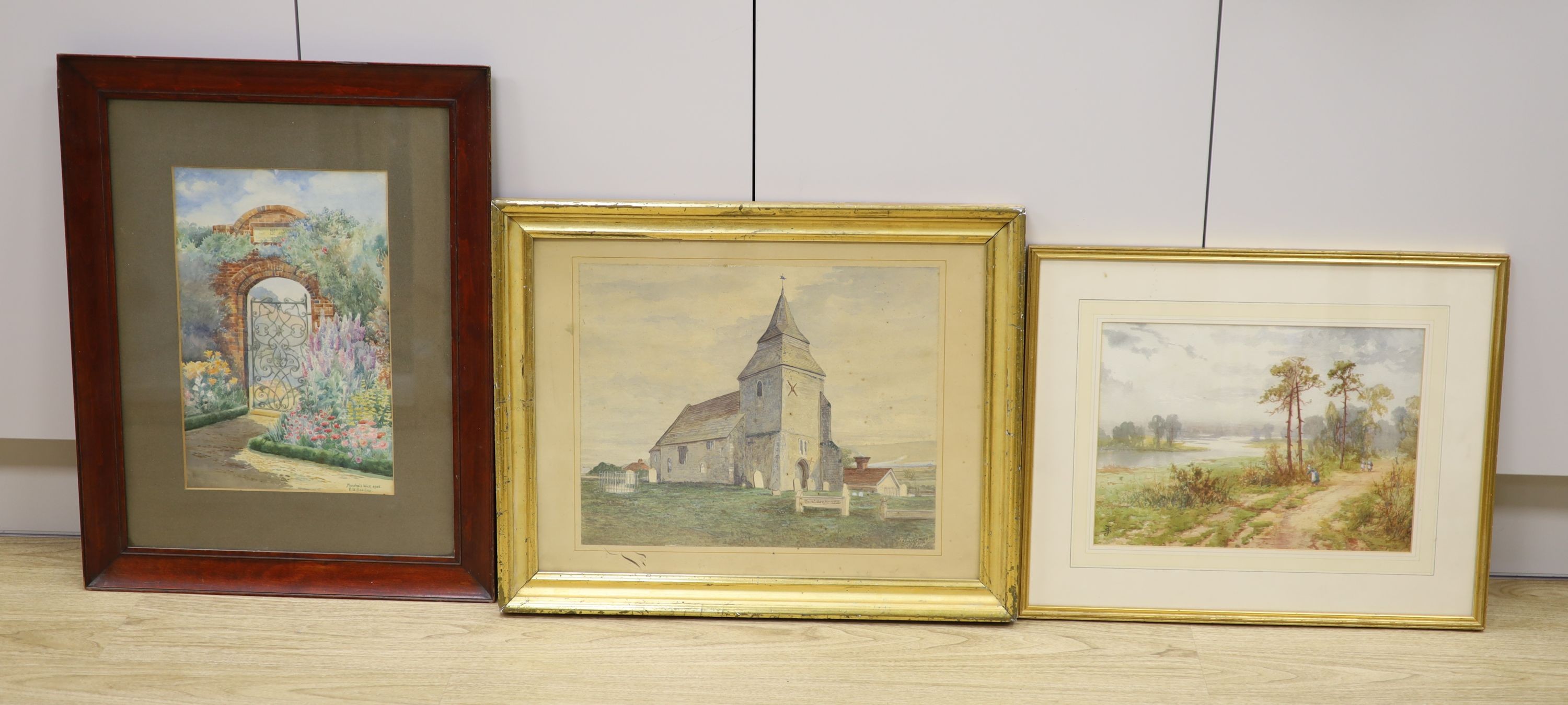 Three assorted watercolours: River landscape by Sydney Yates Johnson, 26 x 36cm, a study of a garden gateway at Marshalls Wick by E.N. Barclay 1905, 37 x 24cm and a View of Keymer Church by S.E. Field in 1864, 32 x 40cm